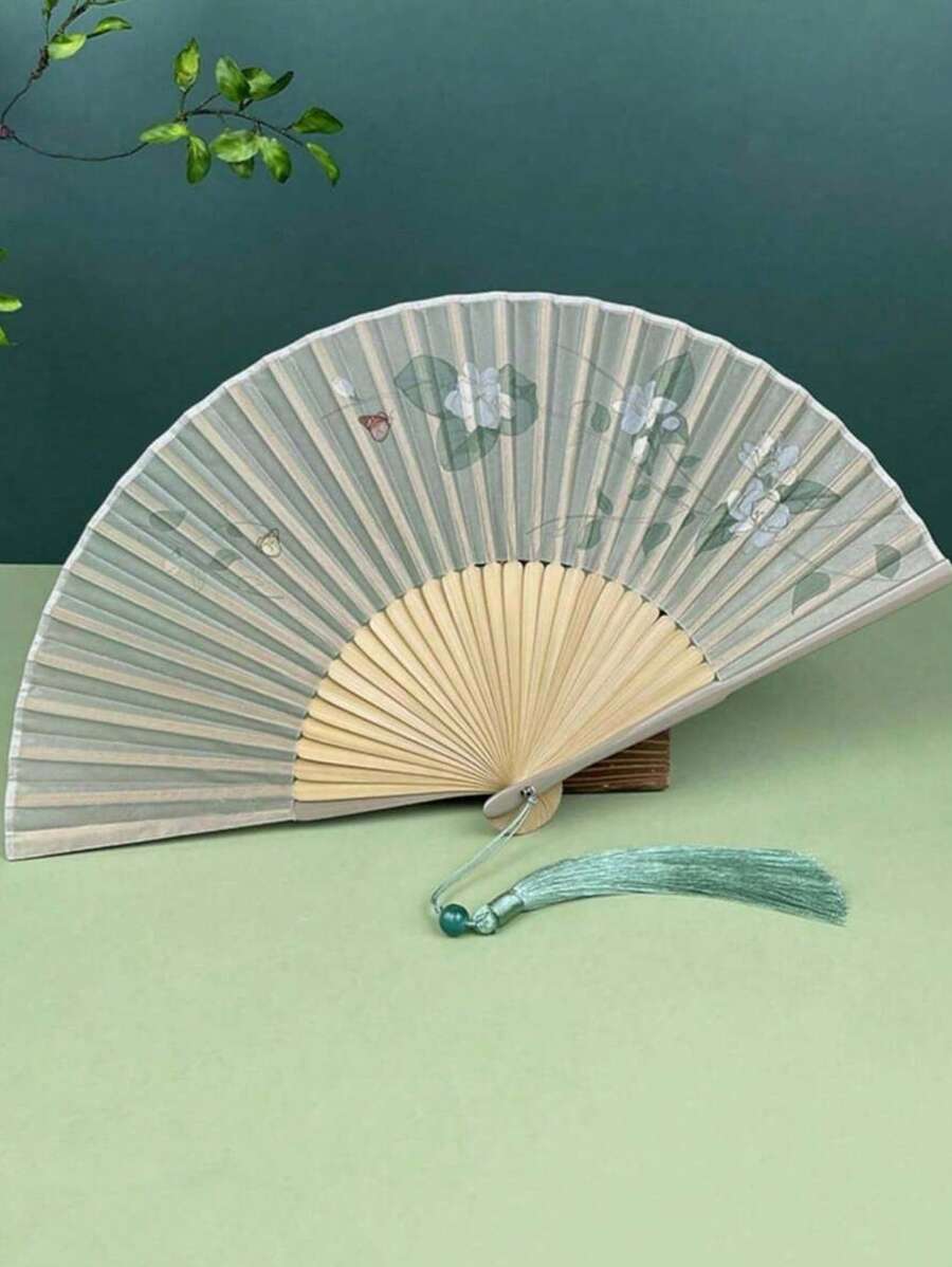 Ancient Style Folding Fan, Chinese Hanfu Decorative Bamboo Fan, Gardenia Dance Fan, Summer Portable