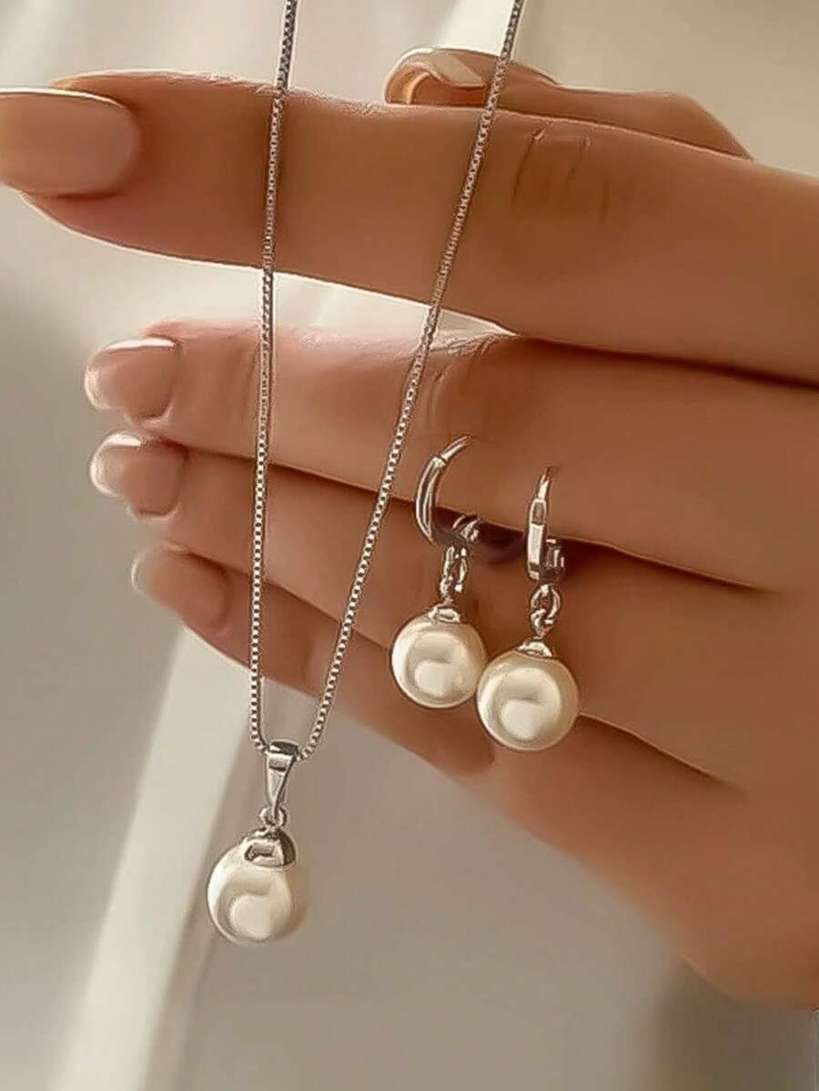 Conjunto de joyería vintage de 2 piezas, un sencillo y elegante collar y un juego de aretes con colgante de perla artificial, para mujer, color dorado, regalo para el Día de San Valentín, mamá, madre, Día de la Madre