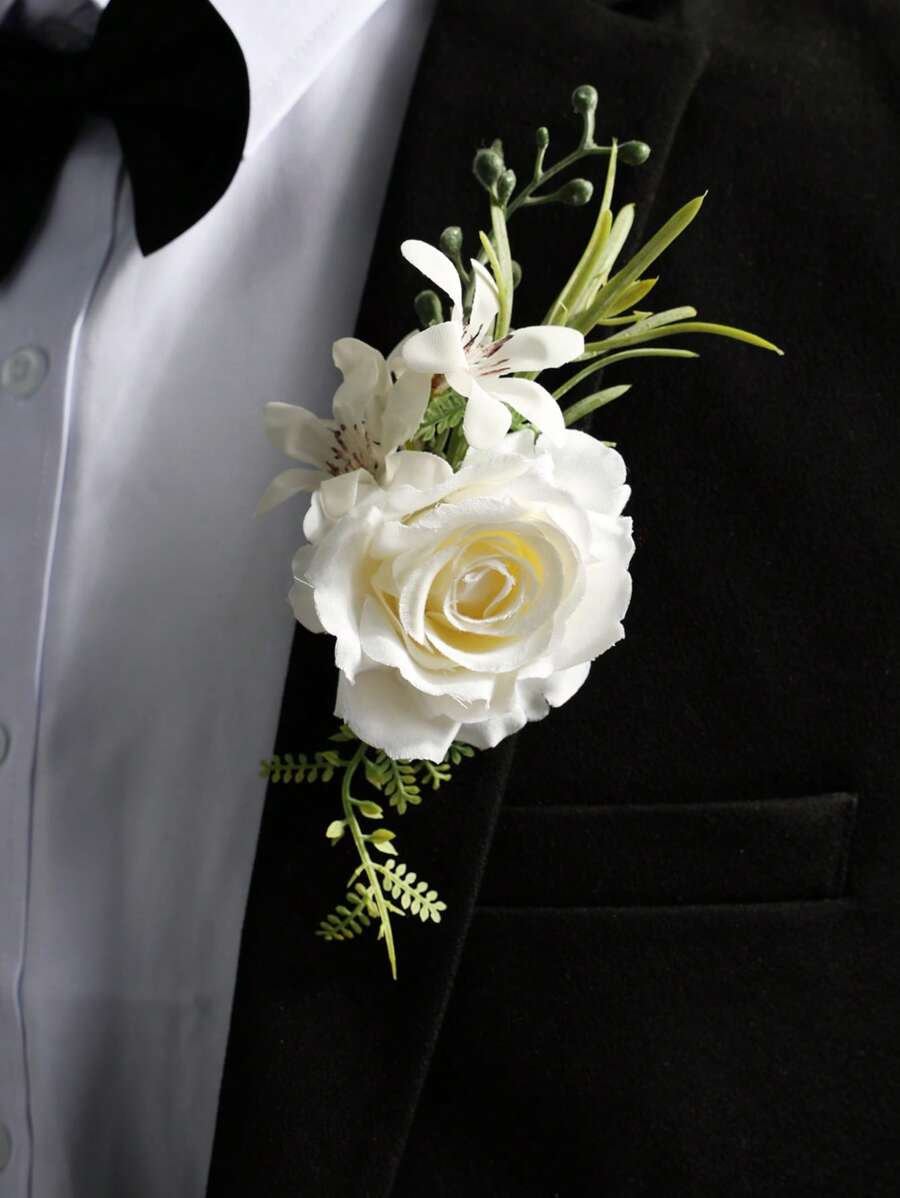 1pc White Airen Rose With Small White Flowers And Green Berries, Elegant Boutonniere Suitable For Groom, Wedding Decoration, Formal Events, Parties