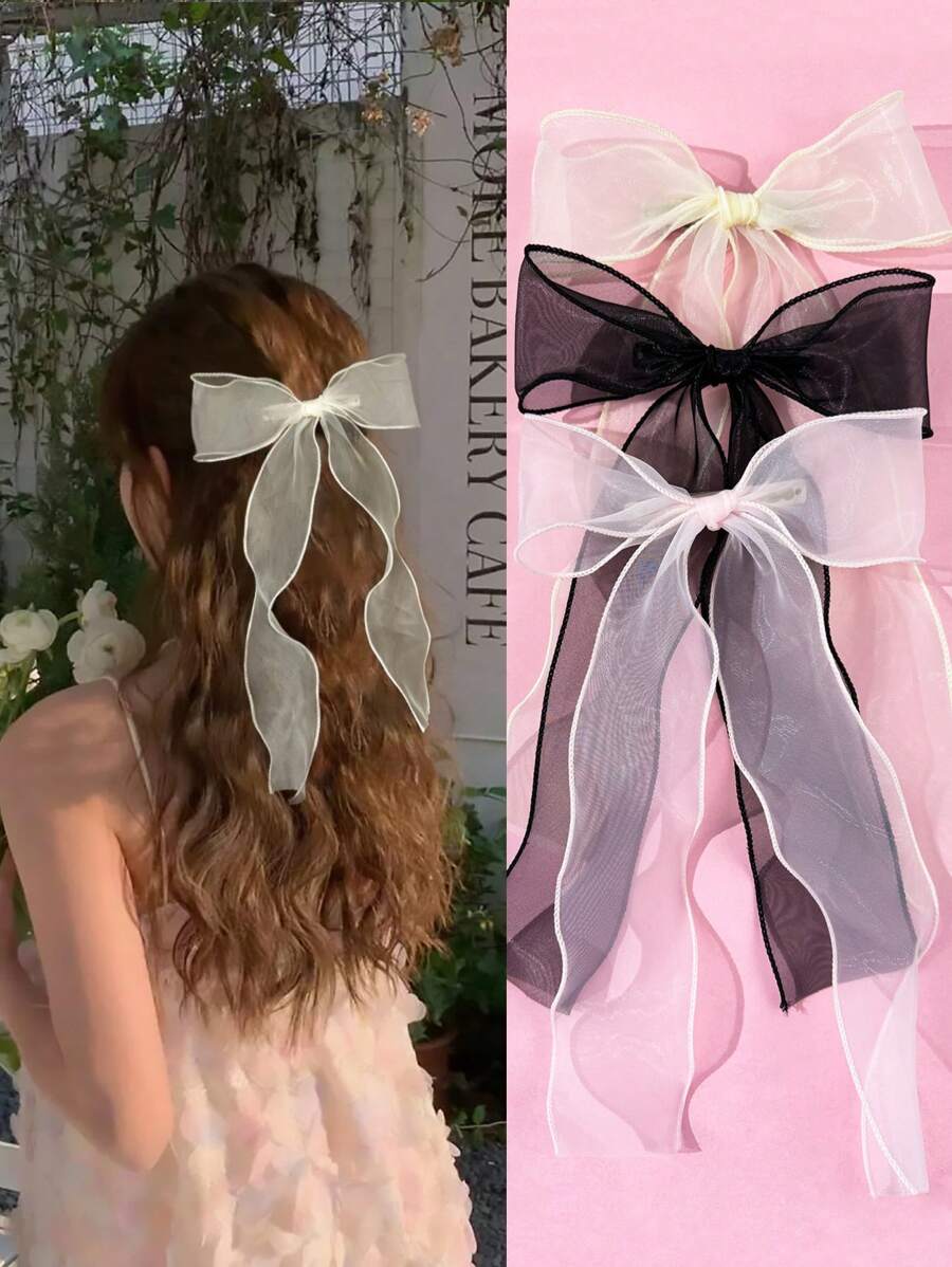 1pc Women's Fashionable & Graceful Casual Spring/Summer Sweet Girly Style Solid Color Mesh Bow Ribbon Hair Clip, Alloy Spring Clamp, Suitable For Daily Wear, Travel, Photo Shoot, Any Occasions, A Great Gift For Best Friends