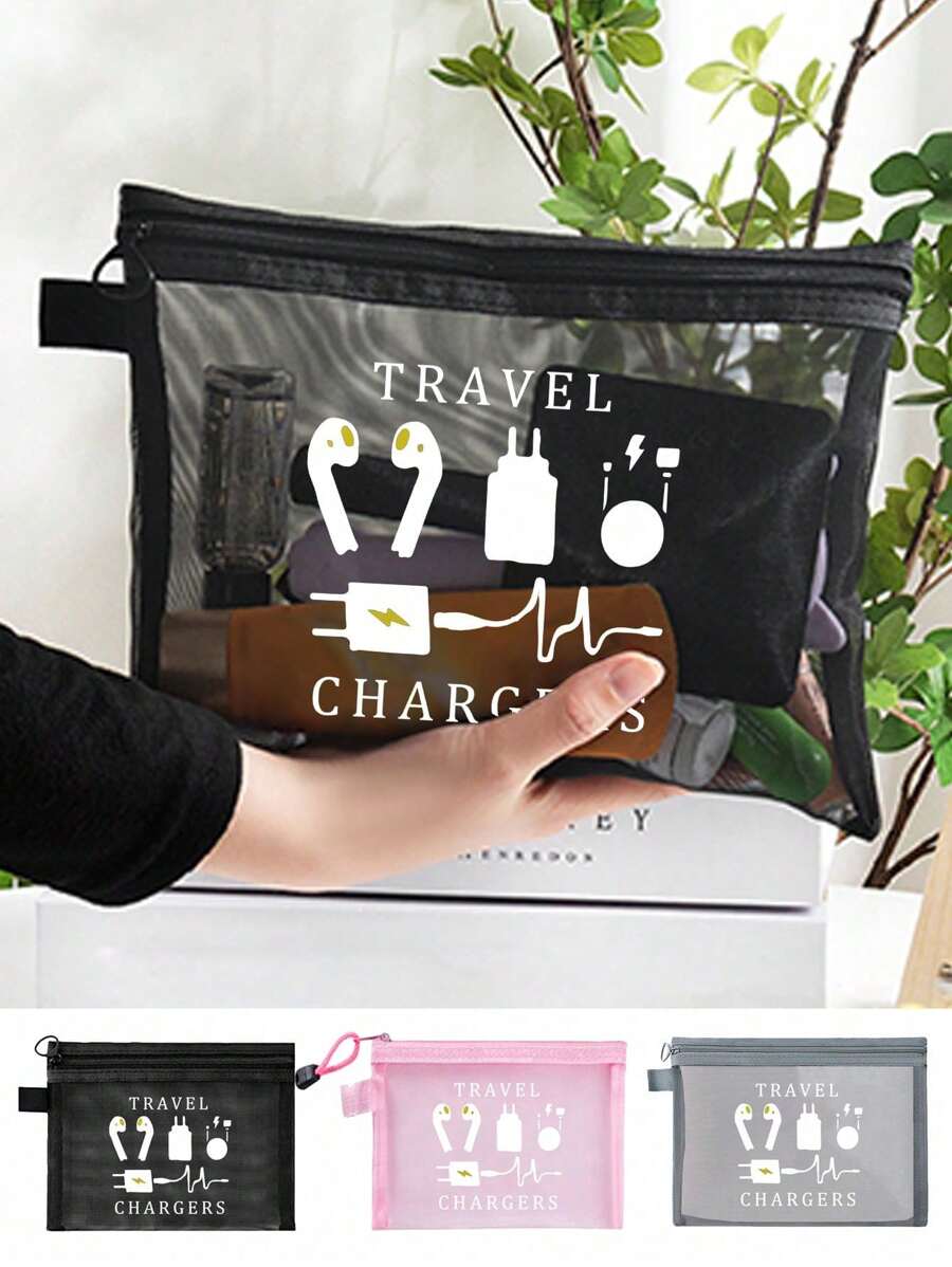 2Pcs/Set Mesh Cosmetic Bag With Data Cable Pattern,Wireless Headset Anti-Lost Rope, Wireless Earphone Silicone Hanging Strap, Red Air Cushion Storage Portable Storage Bag, Makeup Bag, Skincare Bag, Wireless Earphone Silicone Hanging Strap Travel Essentials