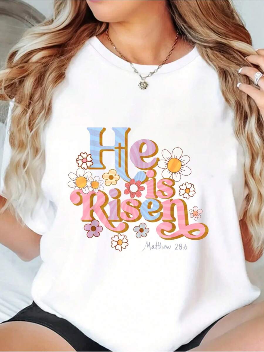 Retro Easter Groovy He Is Risen Christian Toddler Girl T-Shirt Women T Shirt, Short Sleeve Round Neck Casual Top For Summer & Spring, Women's Clothing