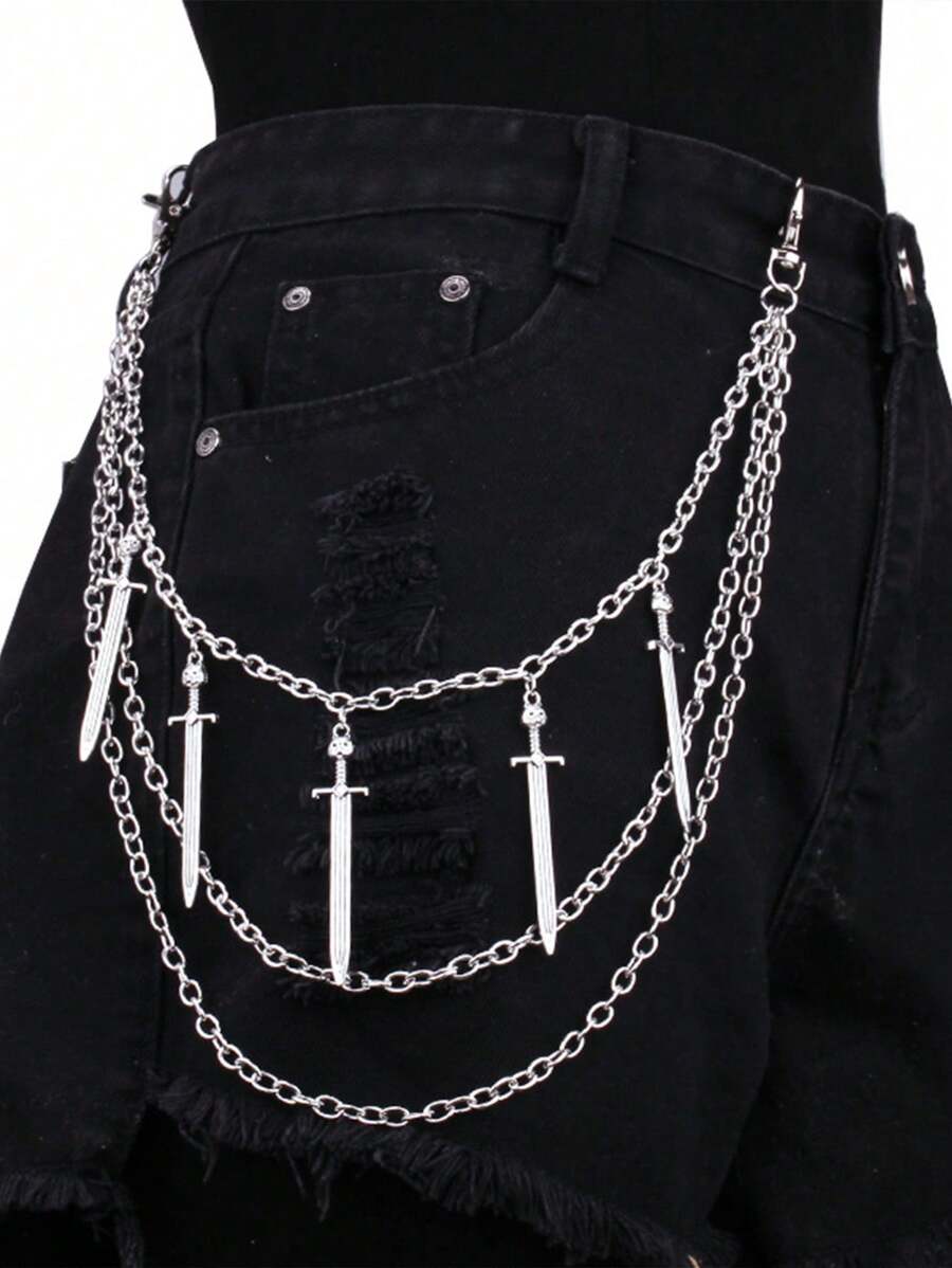 Vintage Multi-Layer Alloy Sword Pendant Necklace, Metal Chain, Punk Style Jeans Decoration Summer, School Fall, Autumn, Halloween