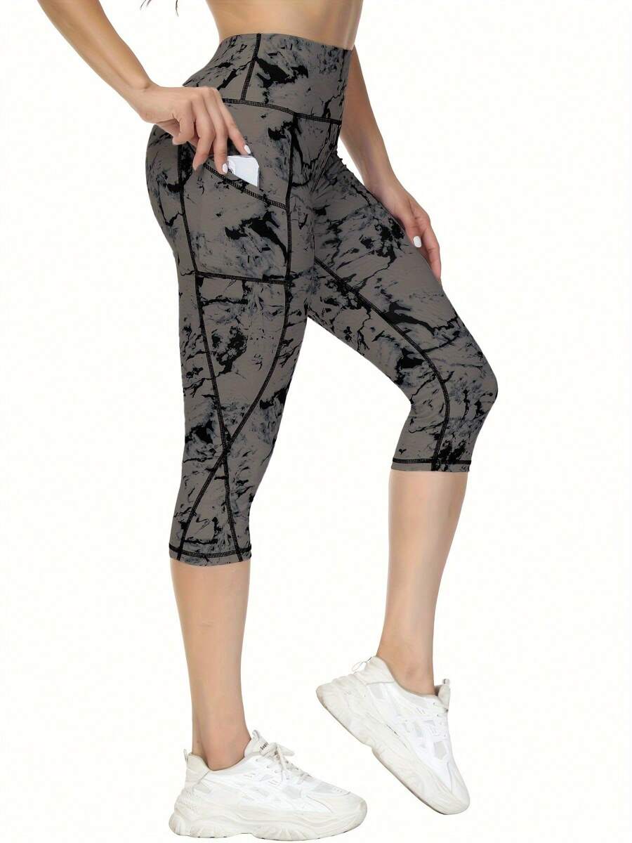 Pantaloni de yoga Capri cu talie înaltă imprimați pentru femei, cu buzunare, slăbire a taliei și ridicare a feselor