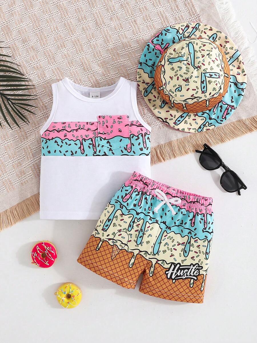 3-teiliges Set Mode Baby Jungen grafischer Muster Top, Shorts und Mütze Outfit, Sommer