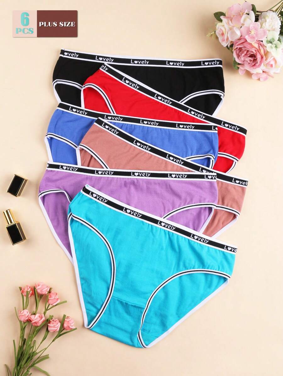 6 piezas Bragas de mujer de talla grande de unicolor con banda de cintura con letra, de tacto suave, elásticas de color de alto contraste, ropa interior cómoda para dama, apropiada para todas las ocasiones