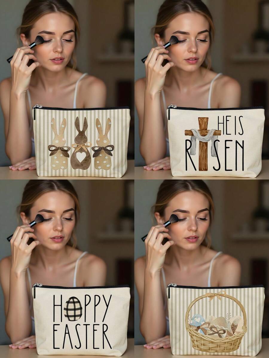 1 pieza Bolsa de cosméticos con estampado de lino de conejito de Pascua, hermosa bolsa de maquillaje de viaje y monedero multipropósito, regalo práctico y ligero para mujeres