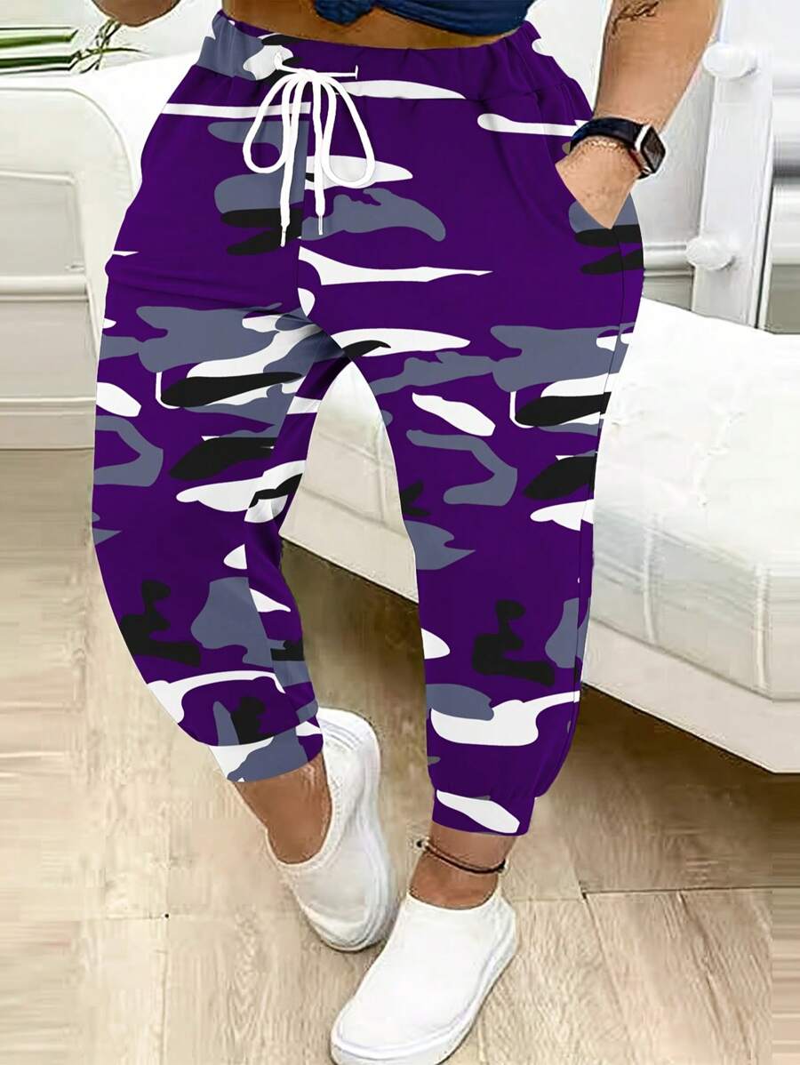 Plus Size Women's Fashion Camo Print Drawstring Waist Casual Long Pants