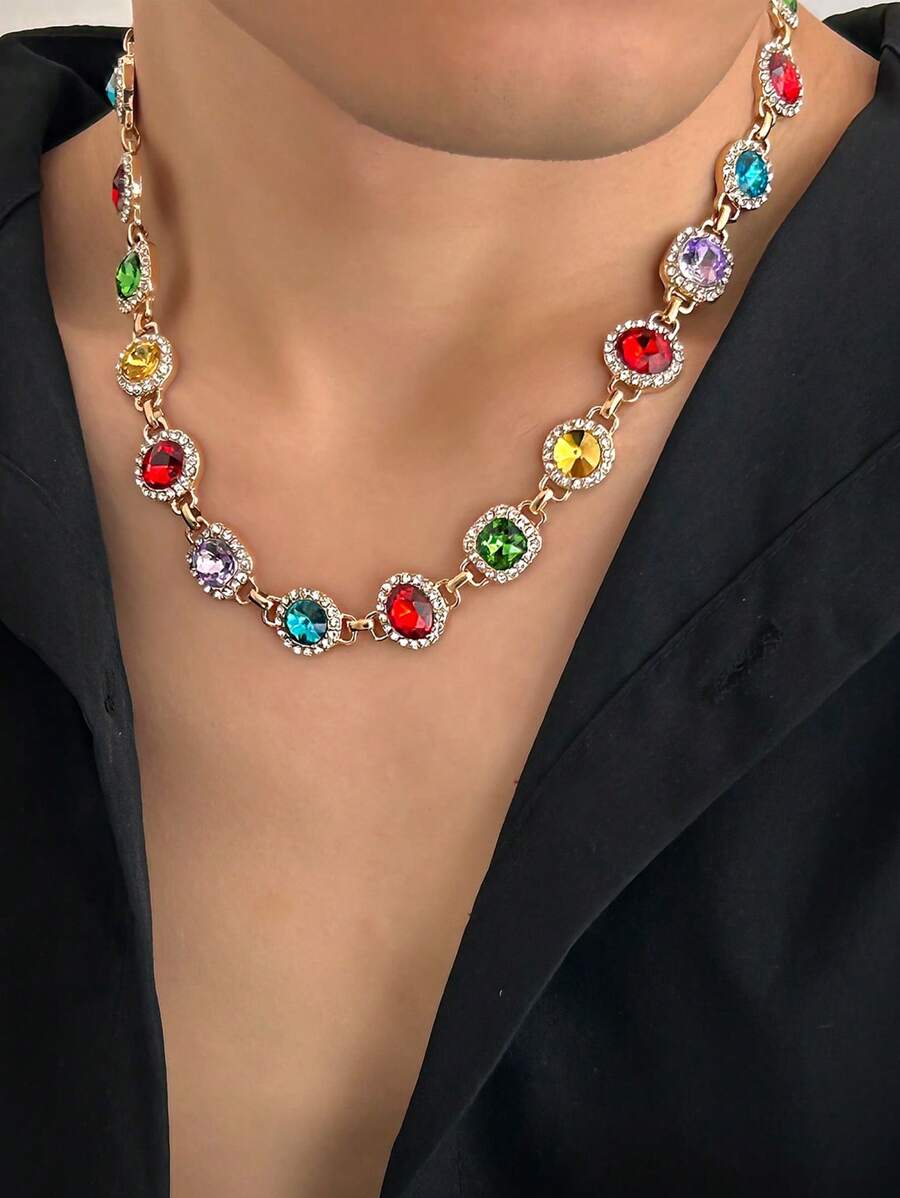 1pc Punk Multi-Color Crystal Necklace, Men's Fashion Luxury Minimalist Charm Choker, Couple Necklace