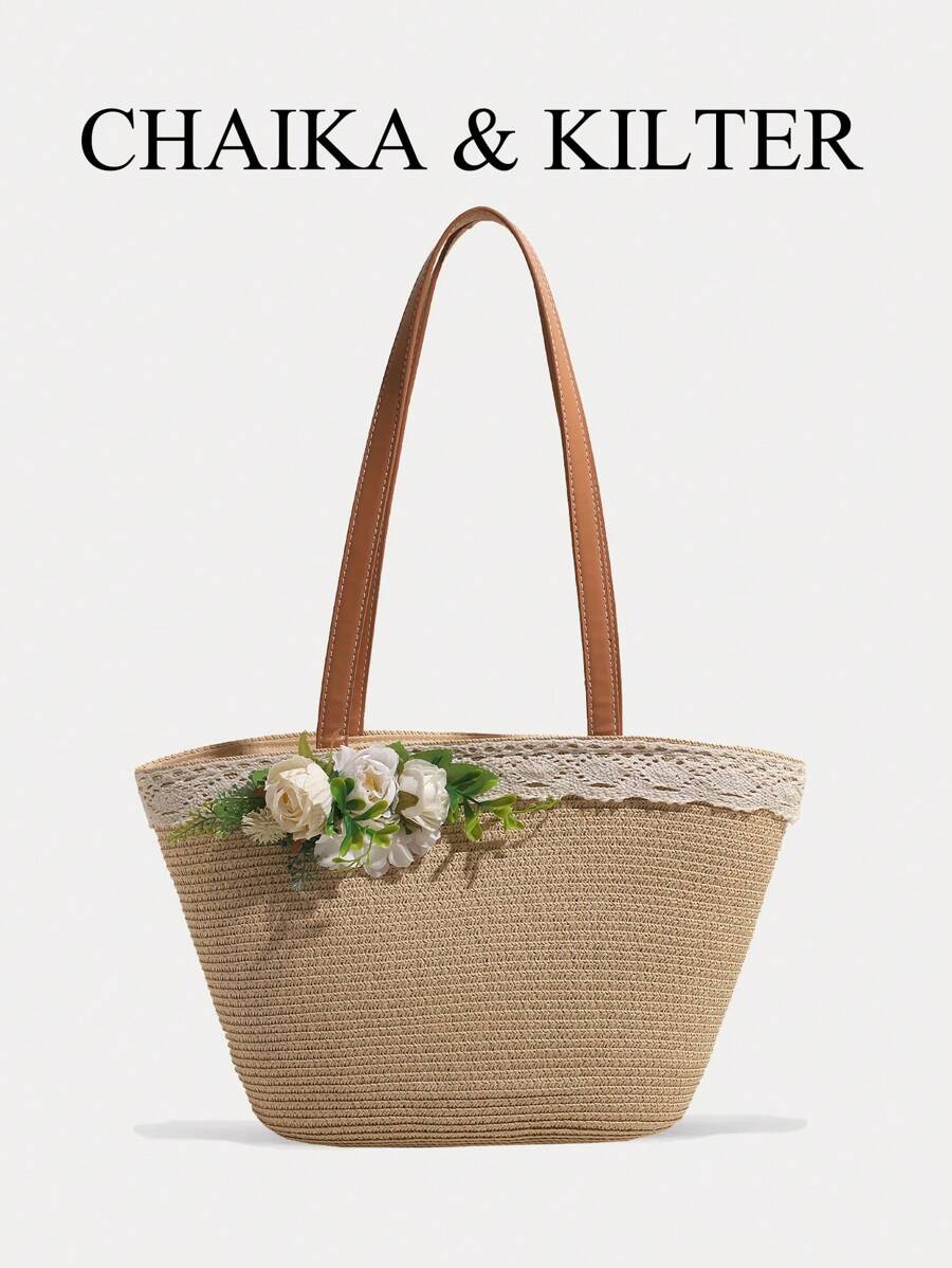 CHAIKA & KILTER 1 szt. Jednokolorowa torba z tkaniny tkanej, damska modna, swobodna torba plażowa o dużej pojemności, koronkowe wykończenie, kwiatowy podwójny uchwyt, zapięcie na zamek błyskawiczny, odpowiednia do podróży, zakupów, randek, prezentów dla kobiet, nastolatków, studentów, początkujących i pracowników umysłowych, idealna do biura, szkoły, pracy, biznesu, dojazdów, na zewnątrz, podróży, pikniku