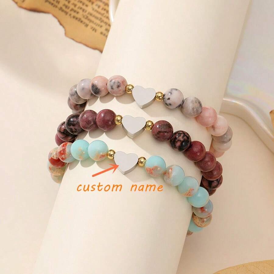 1 pièce Bracelet élastique en acier inoxydable sculpté en pierre naturelle sur mesure - Cadeau parfait pour anniversaire, Saint-Valentin ou fête des mères