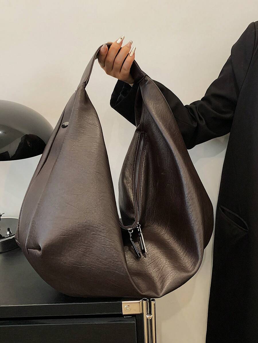 Fashionable Minimalist Large Capacity Handbag, Soft PU Leather Shoulder Tote Bag, Casual Commuter Vintage Style, Zipper Closure, Suitable For Daily Use