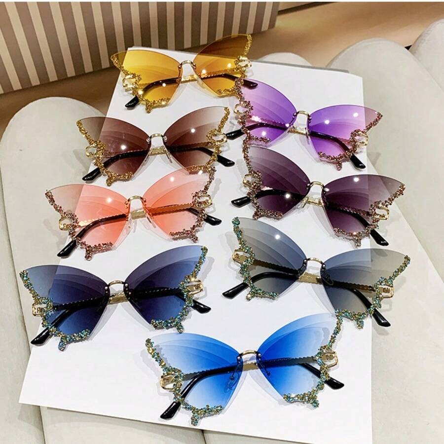 1pc Rhinestone Decor Large Frame Fashion Butterfly Eyeglasses, Women's Photography & Party Fashion Glasses For Summer Beach Vacation,Outdoor,Travel