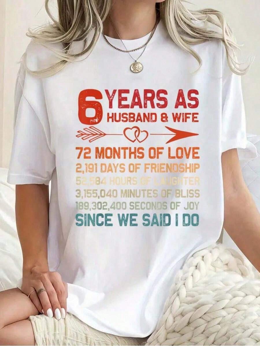 6 Years As Husband & Wife 6Th Anniversary Gift For Couple T-Shirt Print T-Shirt, Casual Crew Neck Short Sleeve Comfort Tee Top For Spring & Summer, Women'S Clothing 100% Cotton