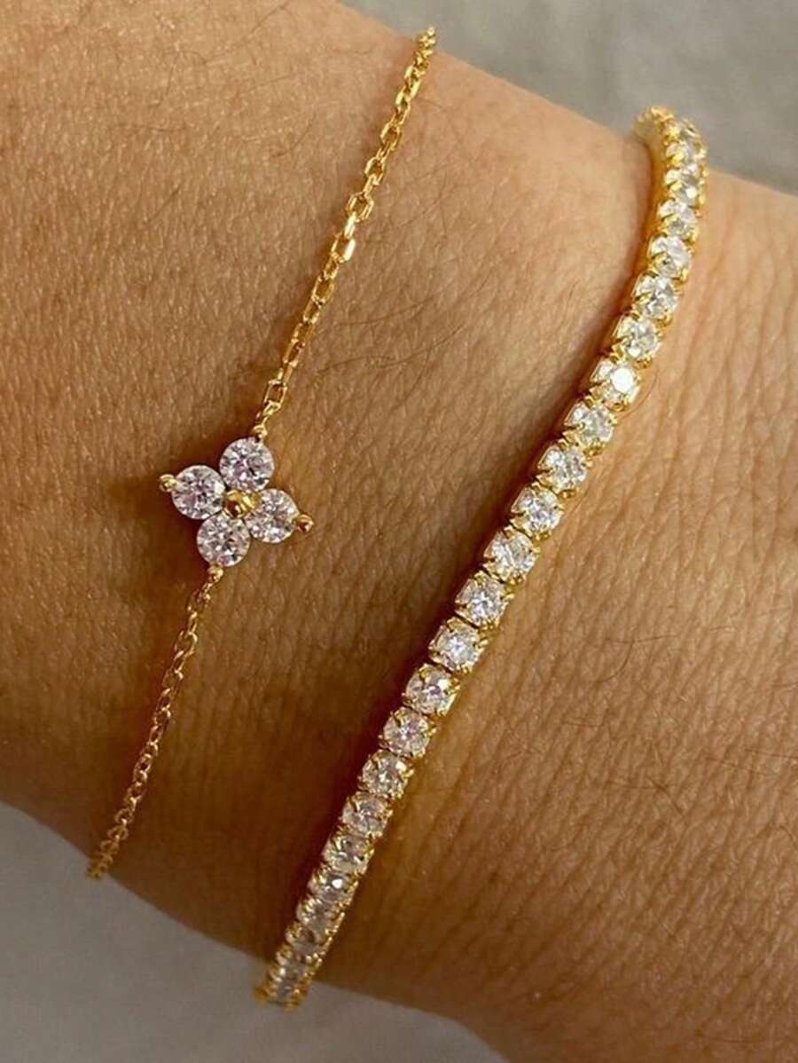 2pcs Cubic Zirconia Flower Beaded Bracelet With Crystal Chain Double Layer Bracelet Set, Suitable For Women Daily, Date, Party, Social Occasion