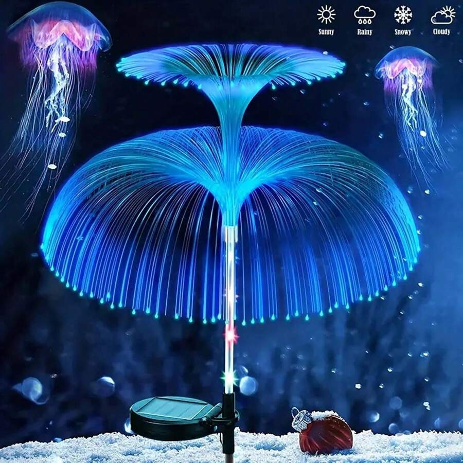 Solar LED Jellyfish Shaped Courtyard Light, Color Changing Fiber Optic Garden Light, Outdoor Landscape Lighting, Plastic Embedded Design, Polished Surface, ABS Lampshade, No Remote Control, Including Installation Accessories