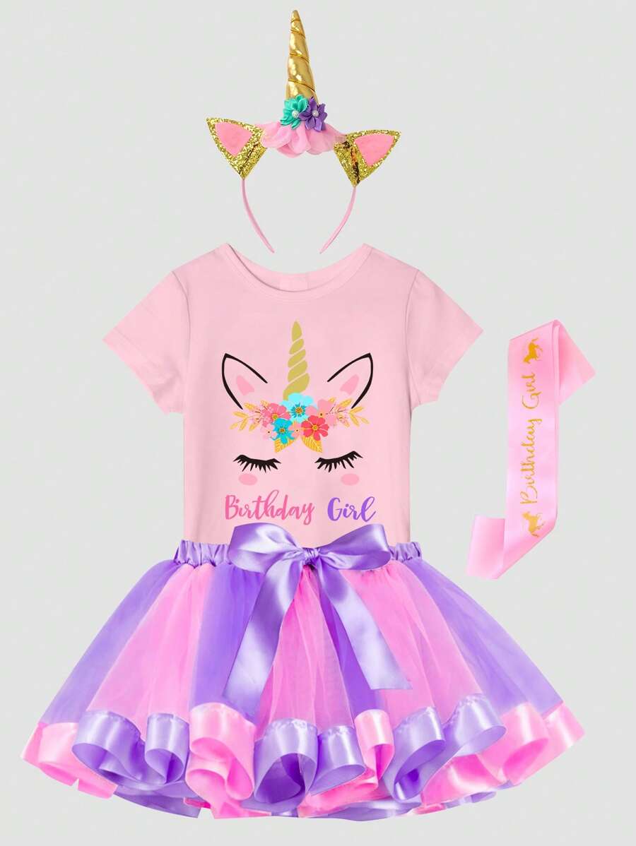 Young Girl Pink Unicorn "Happy Birthday" Graphic T-Shirt And Purple/Pink Tulle Skirt Set With Headband And Sash, Party Outfit