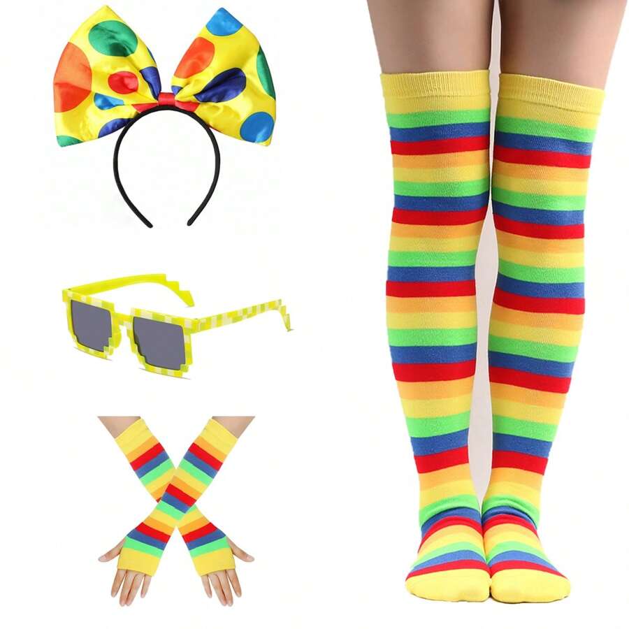 Set de 6 piezas de conjunto de disfraz de actuación, incluye diadema con arco, gafas, guantes y calcetines de arcoíris, disfraz de juego de roles, accesorios para actuaciones en el escenario, decoración de fiestas de bar/club EDM, props de fotografía, perfecto para fiestas, mascaradas, etc., un gran regalo para familiares y amigos en el baile de graduación