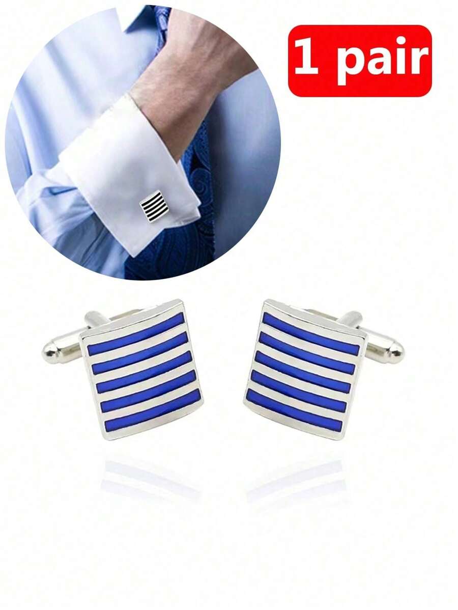 1 Pair Fashionable Blue And Red Striped Cufflinks, European And American Style Business Casual Cuff Links Accessory For Men And Women's Suit Shirts