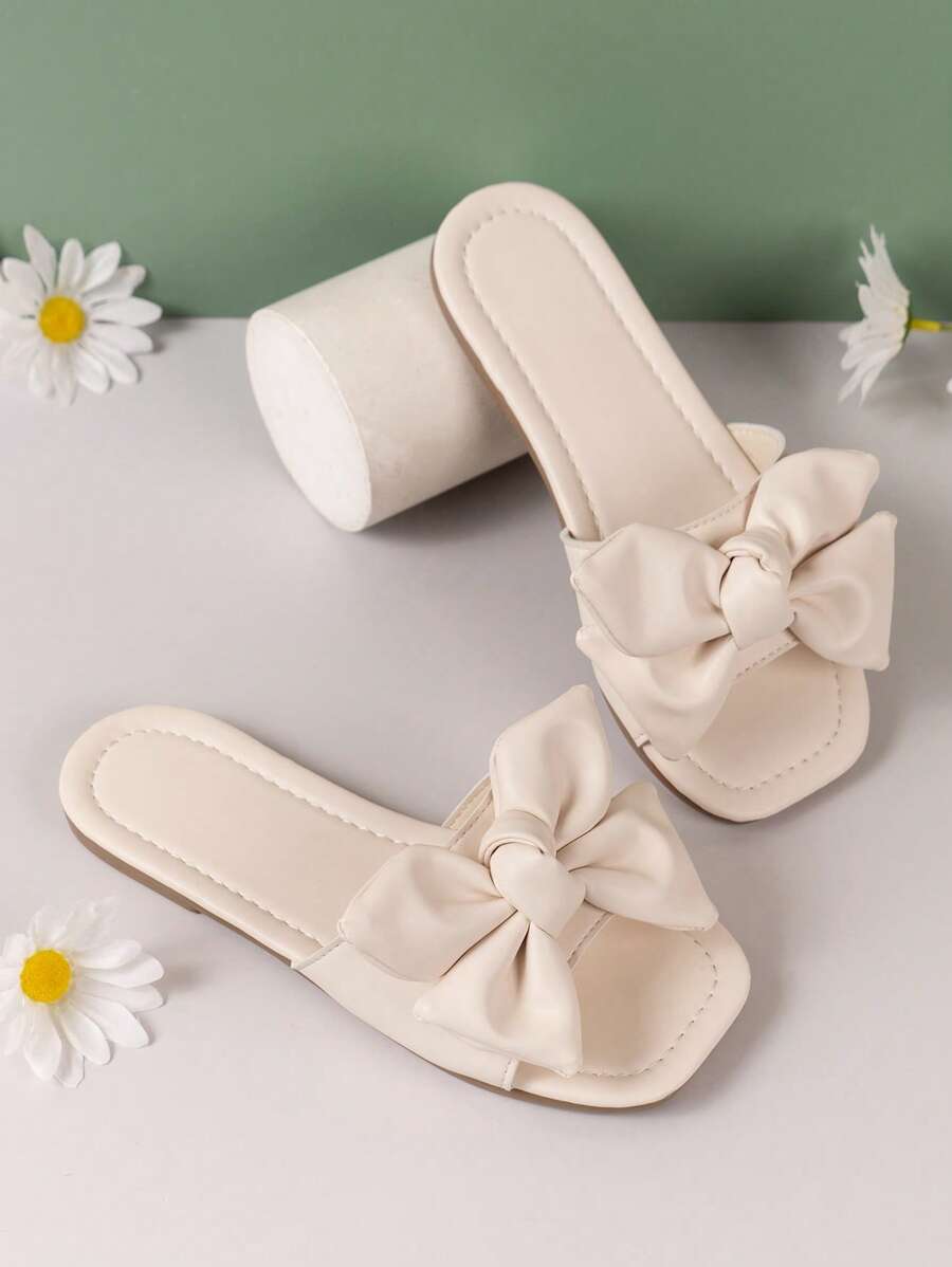 Sandálias rasteiras versáteis e elegantes com detalhes de laço para meninas, estilo resort/ao ar livre no verão