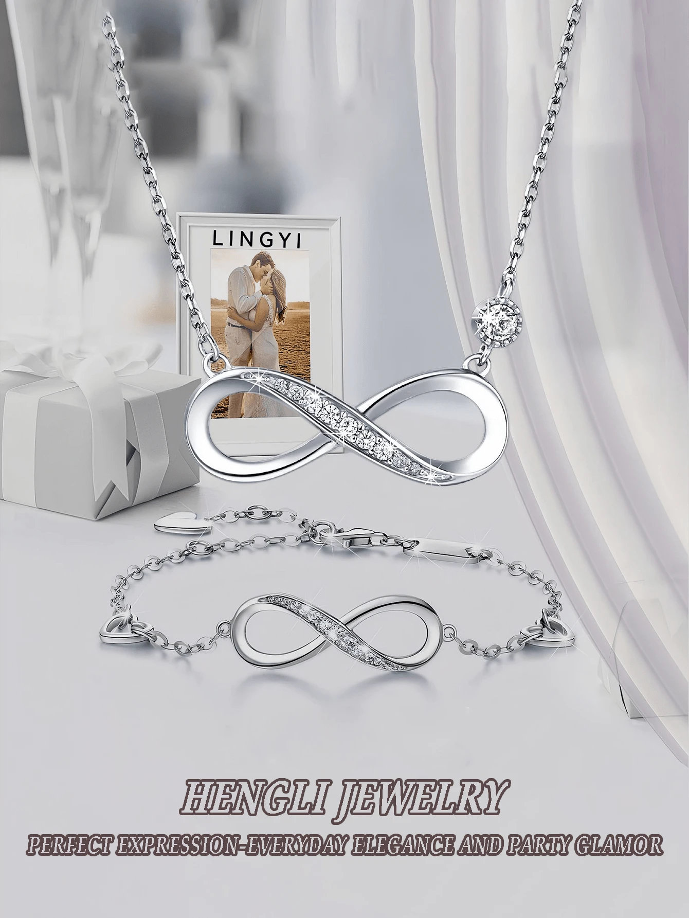 2-częściowy zestaw bransoletek i naszyjników Infinity, zestaw modnej biżuterii damskiej, elegancki do codziennego noszenia i na imprezę, idealny prezent na Walentynki, dla dziewczyny, matki. Symbol nieskończoności symbolizuje przeznaczoną miłość, która zawsze będzie razem