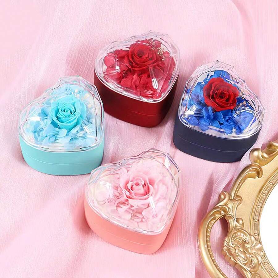 1 pièce Boîte cadeau en forme de cœur romantique avec fleur de savon, boîte de présentation pour la demande en mariage, emballage de bijoux, boîte cadeau pour la Saint-Valentin, cadeau de couple, cadeau de fête pour femme