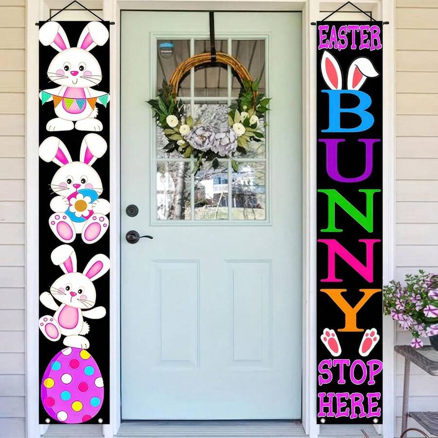 Pancarta colgante negra para el pórtico de Pascua, decoración de conejito y huevo de Pascua feliz para el hogar, oficina, rústica, vacaciones, casa, exterior