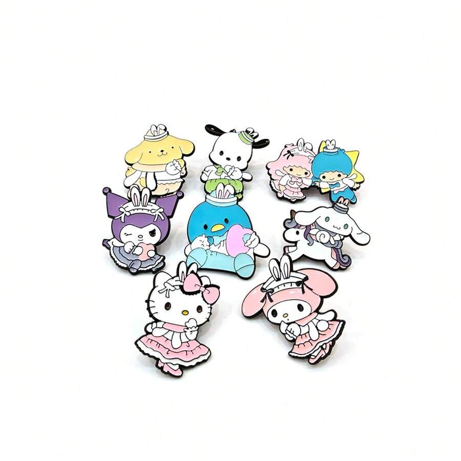 Sanrio Alfileres de solapa esmaltados de la familia de dibujos animados Sanrio, prendedores de metal bonitos de Hello Kitty, Kuromi, Cinnamoroll, figuras de anime Kawaii para la mochila
