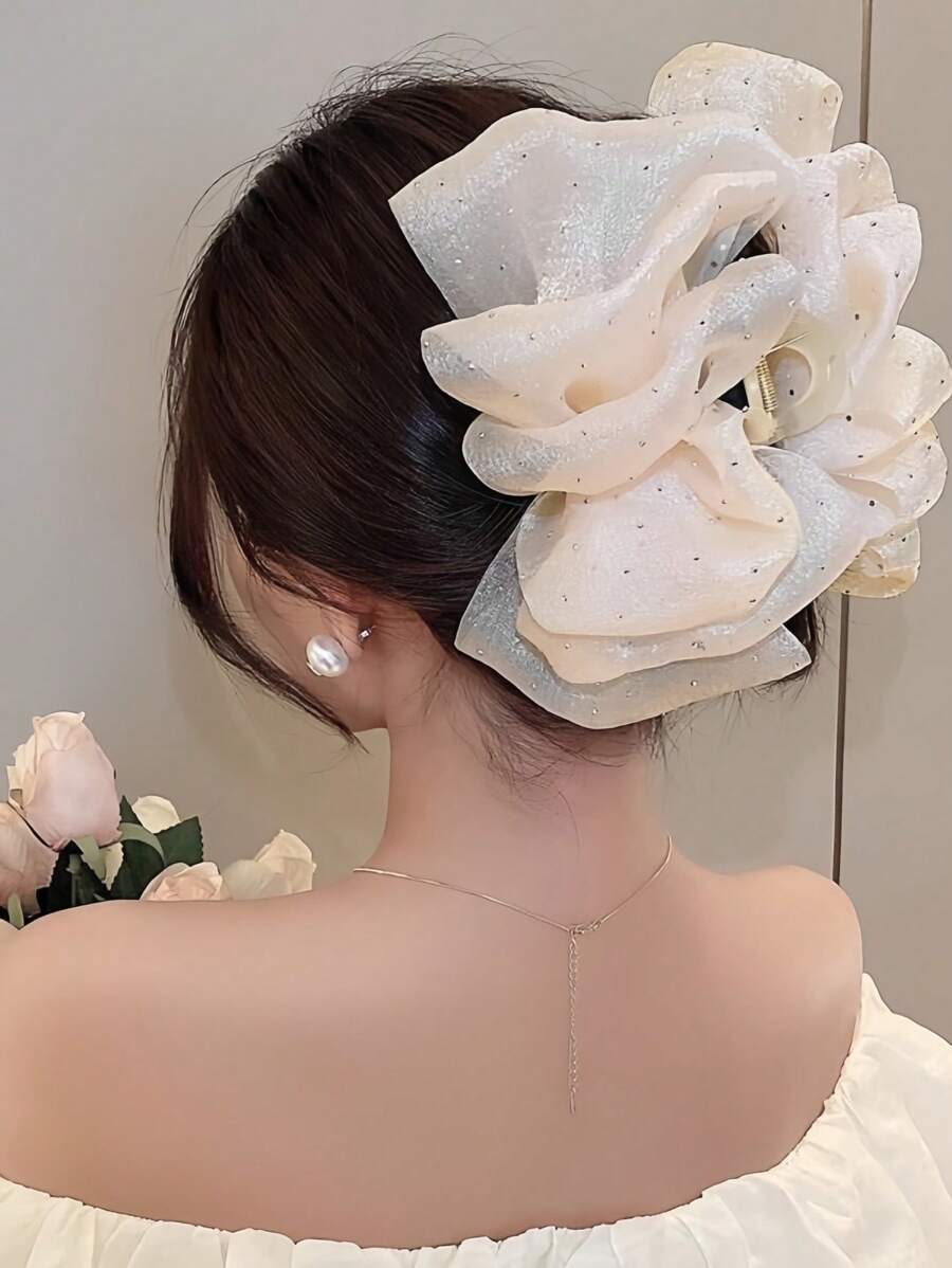 1 Stück Damen Tüll Haarclip mit großer Schleife und Strass, elegantes modisches Haraccessoire, vielseitig für täglichen Gebrauch und Fotoshootings einsetzbar