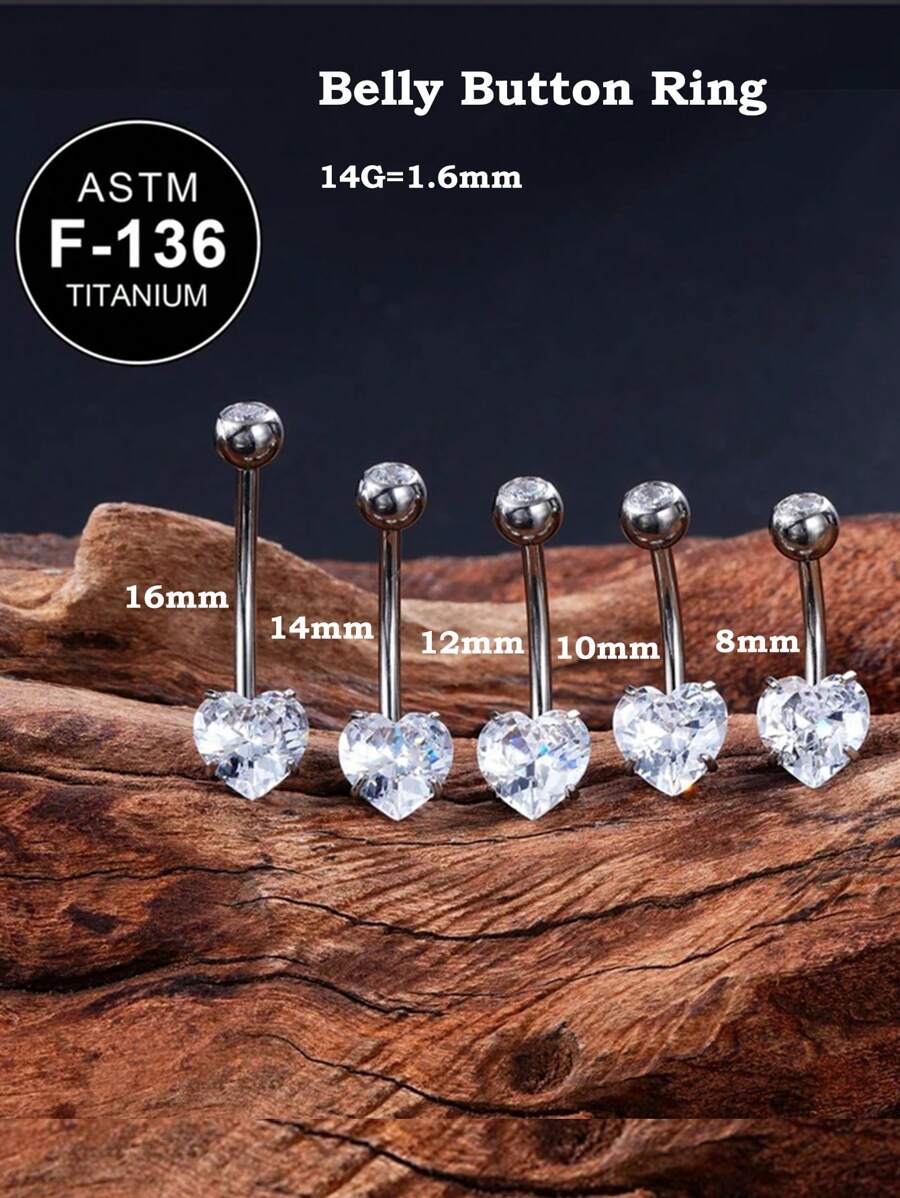 1pc 14G G23 Titanium Silver Heart CZ Belly Rings Curved Barbell Externally Threaded Belly Piercing Belly Jewelry Belly Button Ring Gift For Her 8mm 10mm 12mm 14mm 16mm