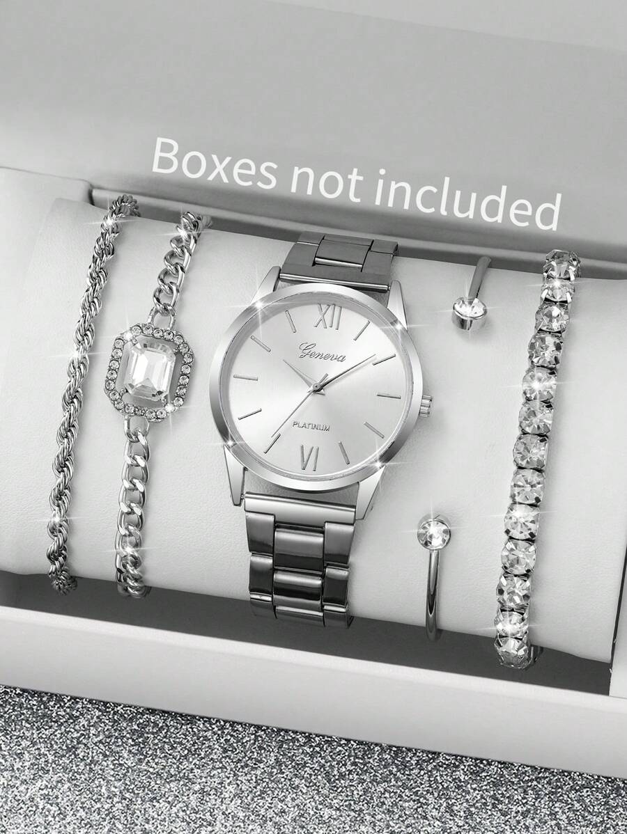 5 pièces/Ensemble Montre à quartz minimaliste à cadran romain élégant pour femmes + Ensemble bracelet, Montre non incluse Boîte cadeau