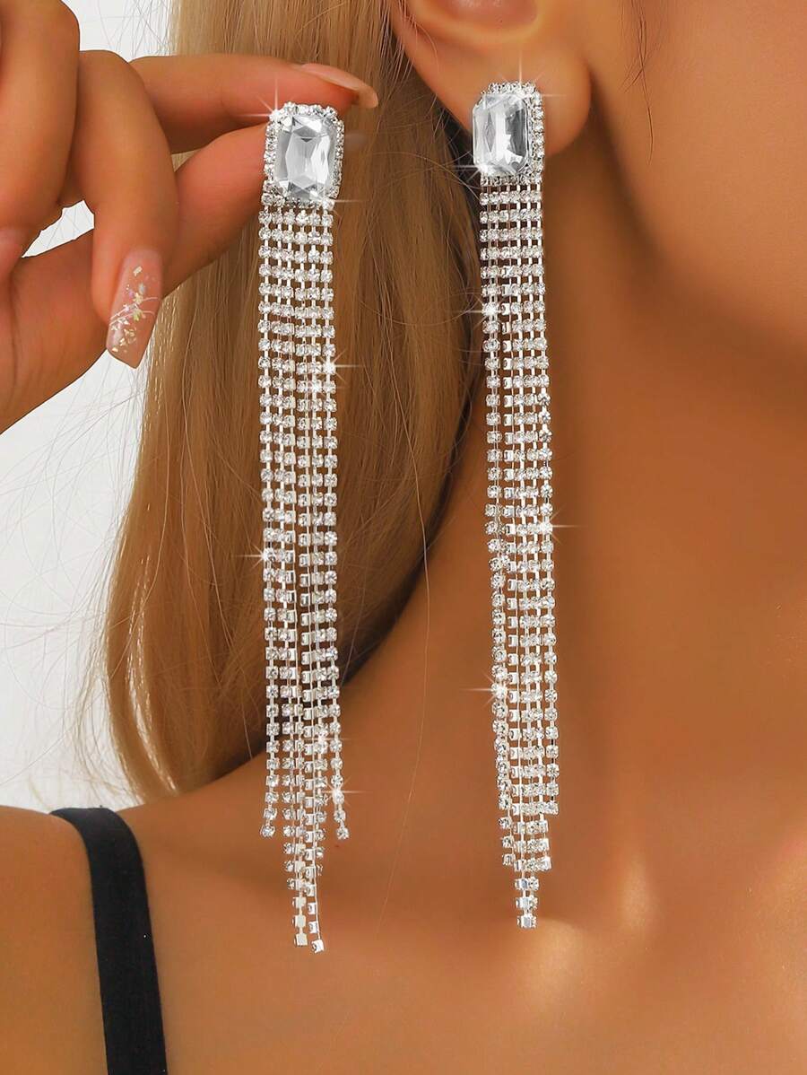 1 par de brincos de cristal com corrente e borla longa minimalistas para mulheres, disponíveis em ouro, prata e várias cores