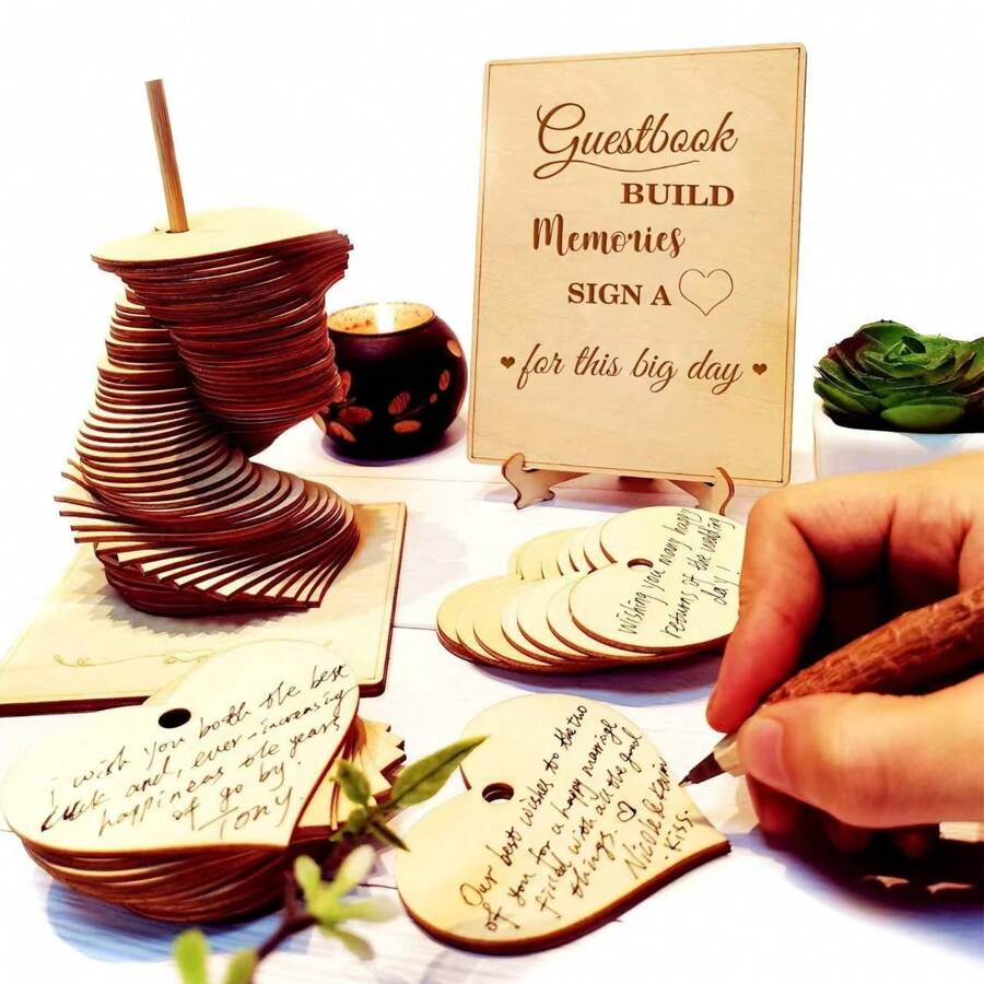 72pcs Wood Heart Guest Book - Perfect Wedding Reception Decoration And Favor Gift Gifts Birthday Graduation Birthday Decorations Party Decorations Bachelorette Summer Beach Back To School School Supplies Room Decor
