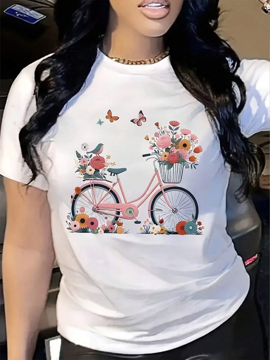 Women's Floral Bicycle Print T-Shirt - Soft, Breathable, Casual Summer Fashion, Pink Bicycle And Floral Design, Round Neck Short Sleeve Top, Suitable For Outdoor Activities, Gym T-Shirt|Playful Printed Top|Comfortable Fit