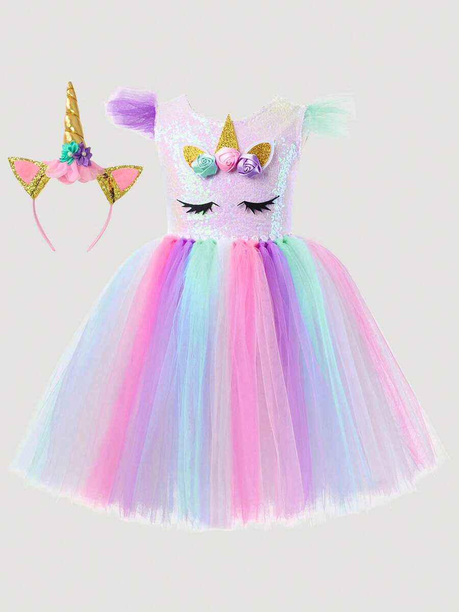 Conjunto de vestido de tul colorido con diseño de unicornio y diadema de unicornio para niña