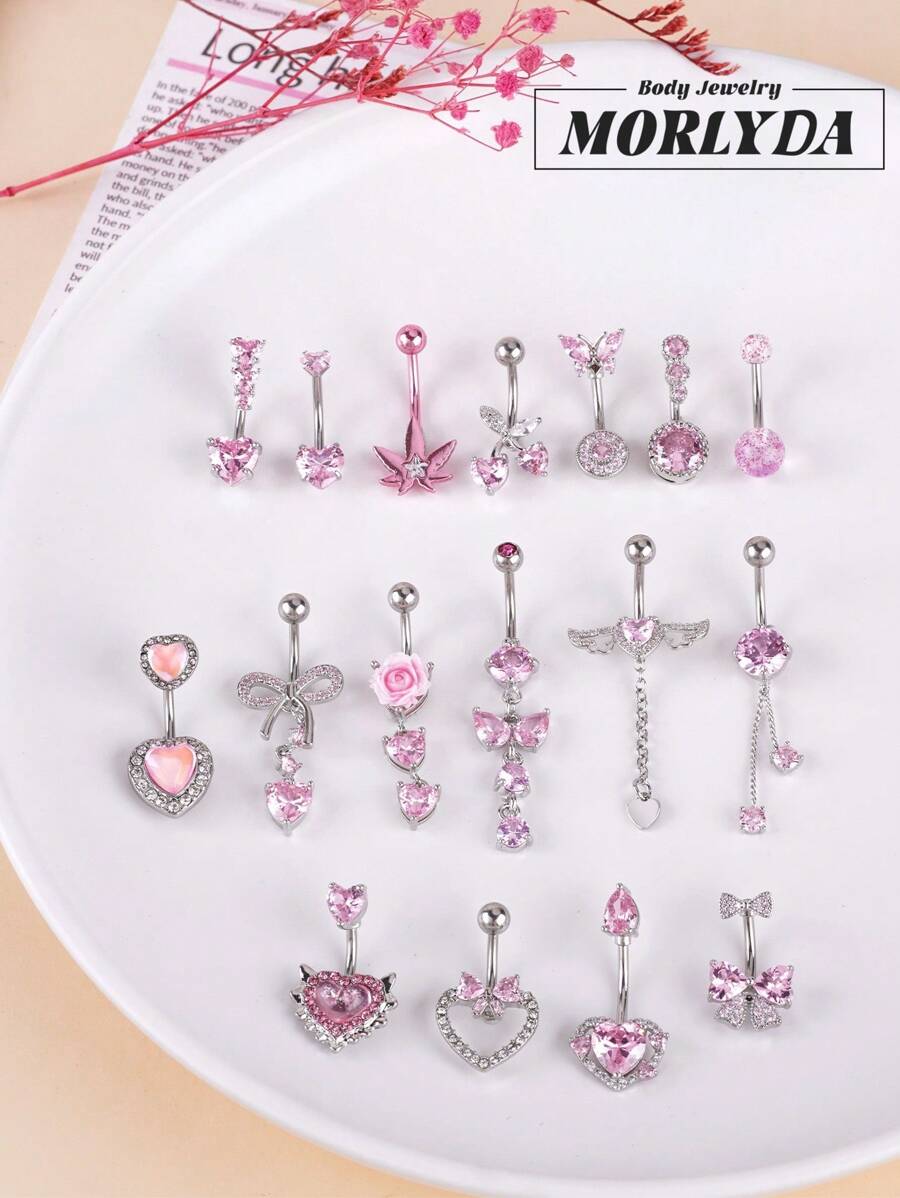 Morlyda 1st schattige roze hart navelpiercing roestvrij staal roze zirkonia decor strik navel sieraden engelen vleugels navel piercing buik roos bungelen navel piercing vlinder kersen staaf navel ringen esdoorn bladeren navel ring glitter navel nagel navel ringen navel piercing sieraden cadeau voor vrouwen meisjes dagelijks feest muziek festival strand vakantie glamoureuze kleding