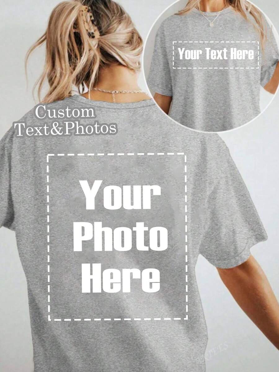 Customized Women's T Shirt - Add Your Text And Photos (Landscape / Badge Pattern / Couple Photo / Family Photo / Selfie / Pet,), Front And Back Printing, Design Your Own Personalized Printed T Shirt As A Gift To Your Girlfriend, Couple Dating Shirt, Etc For Anniversary, Valentine's Day, Mother's Day, Birthday