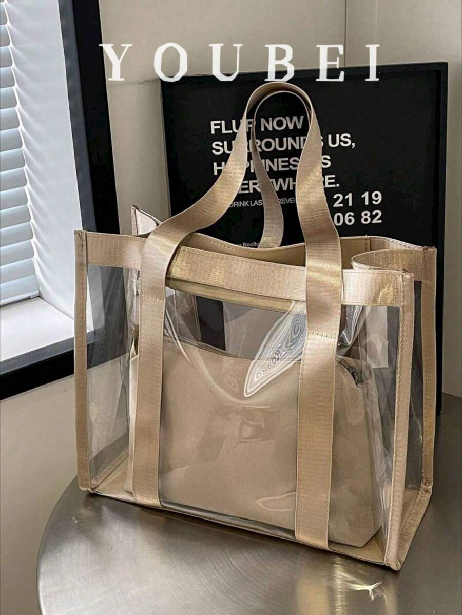 Large Capacity Clear Beach Shoulder Bag, Transparent Tote Bag For Women, Gift For Holiday, Casual Style, Suitable For High School, College, University Students, Fitness, Yoga, Travel, Mommy Bag, Celebrity Same Style Premium Handbag