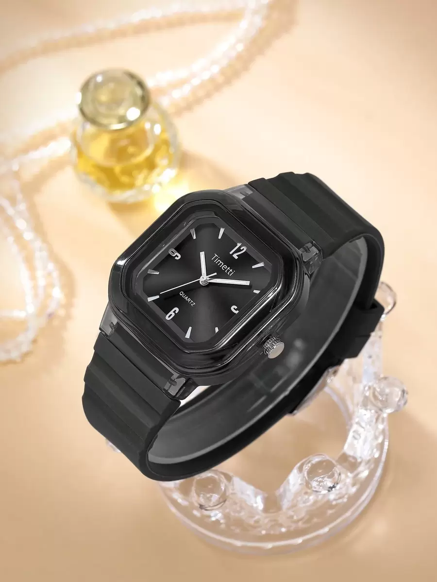 1 pièce Montre-bracelet à quartz carrée en silicone pour femme, décontractée, à la mode, minimaliste, adaptée à un usage quotidien