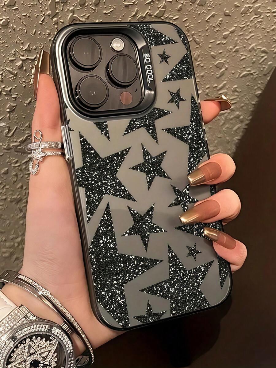 1 pieza Funda de teléfono a prueba de golpes de TPU con patrón de estrella de strass negra compatible con iPhone 16, 15, 14, 13, 12, 11 ProMax