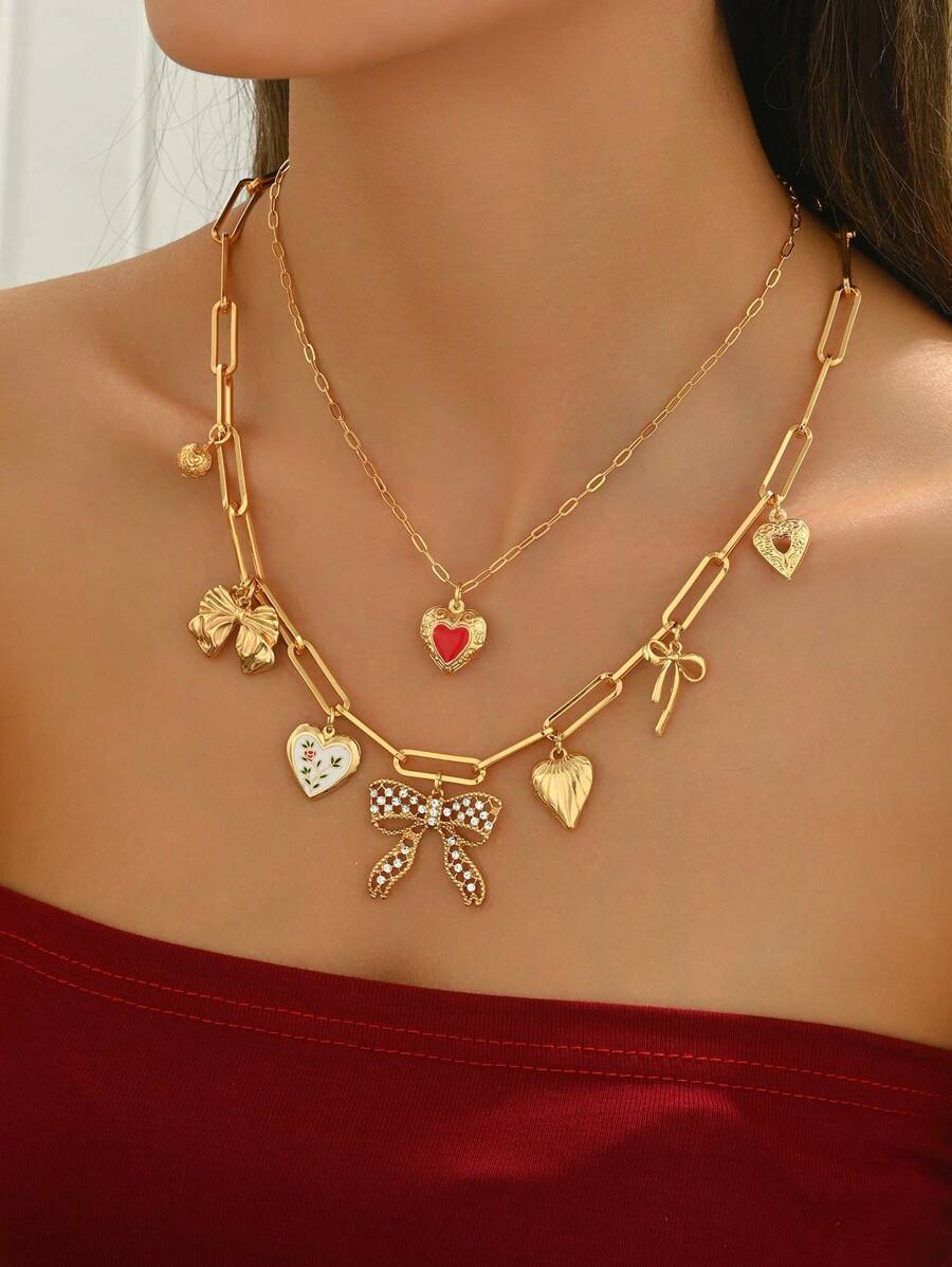 1pc Unique Fashion 18K Gold Plated Metal Fully Rhinestone Bowknot Heart Floral Pendant Necklace For Women, Can Be Purchased As 1pc Or 2pcs Set With Multiple Pendants, Suitable For Party, Wedding, Holiday Occasions And As A Gift