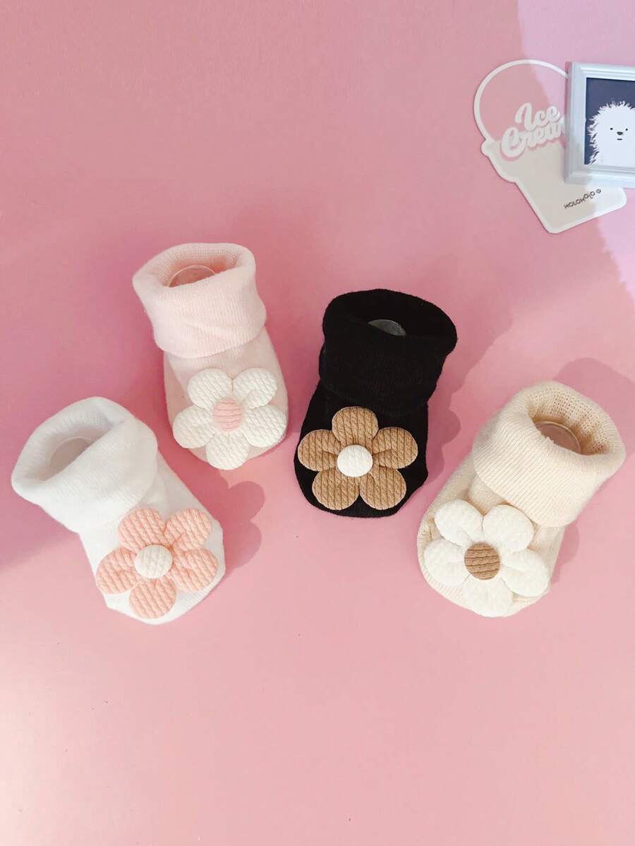 4 paar schattige babysokken met bloemenprint, 0-1 jaar oud, geschikt voor dagelijks gebruik