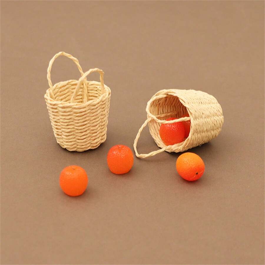 1pc Creative Realistic Mini Handheld Basket Model, Miniature Fruit Container Decor