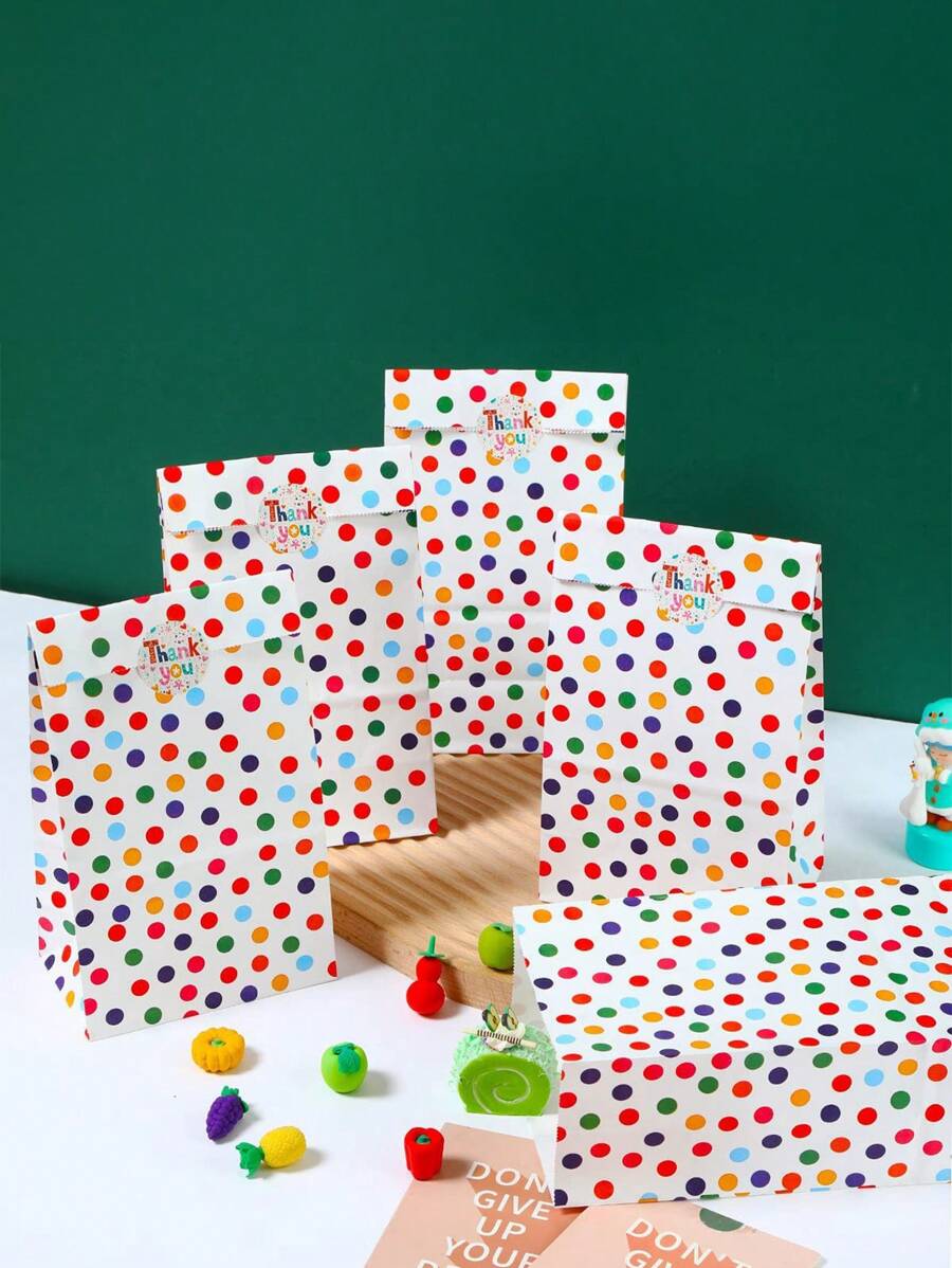 Set de 6 bolsas de regalo + 6 pegatinas, bolsas de regalo de papel kraft con lunares coloridos y pegatinas, diseño de lunares coloridos, bolsas de embalaje para galletas y dulces para fiestas, vacaciones y suministros de embalaje de regalo de cumpleaños