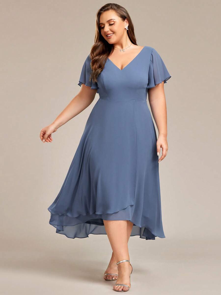 EVER-PRETTY Vestido de dama de honor con escote en V, mangas con volantes y fluido de chifón de alta baja para tallas grandes