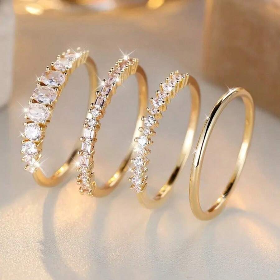 4 peças/conjunto Novo Design de Marca Criativa Minimalista Moda Anel de Festa de Casamento/Noivado/Aniversário Empilhável Banhado a Ouro de 14k com Zircônia Branca, Presente de Joias Nupciais Românticas, Tamanho EUA 5-13
