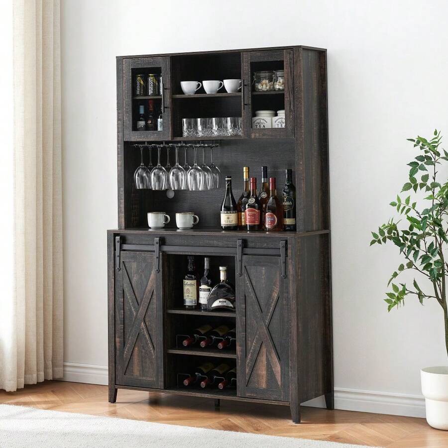70'' Tall Coffee Bar Cabinet - Farmhouse Wine Bar Cabinet With Storage Shelves 6-Bottle Wine Rack & 12 Stemware Slots Sliding Barn Doors Buffet Cabinet For Kitchen Dining Room