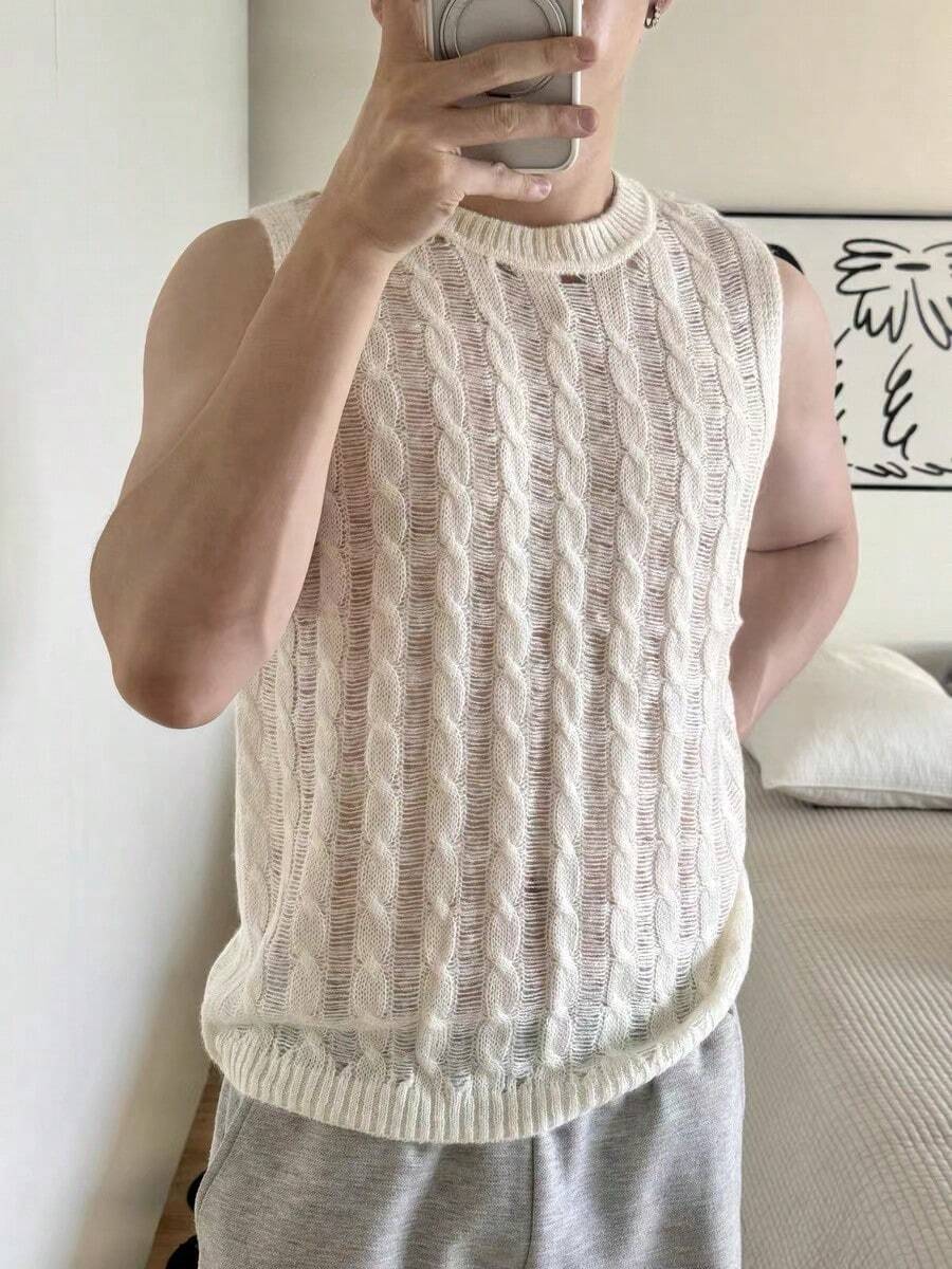 Men's Vintage Cable Knit Colorblock Hollow Loose Sleeveless Pullover Sweater Vest, Streetwear Casual