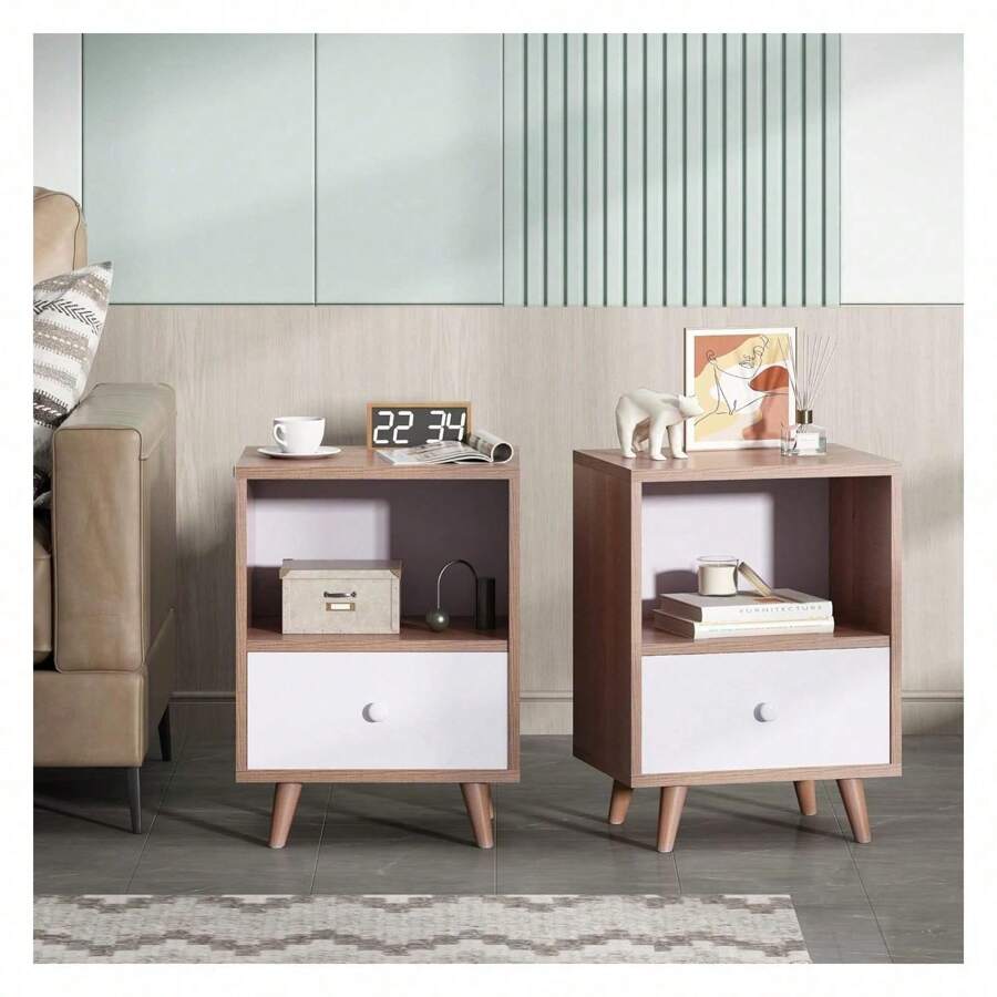 HUIQIN Set Of 2 Modern Wood Nightstand, Bedside Table With Drawer, Bedside Furniture, Night Stand, End Table With Open Shelf And Solid Wood Legs For Home Bedroom, Brown