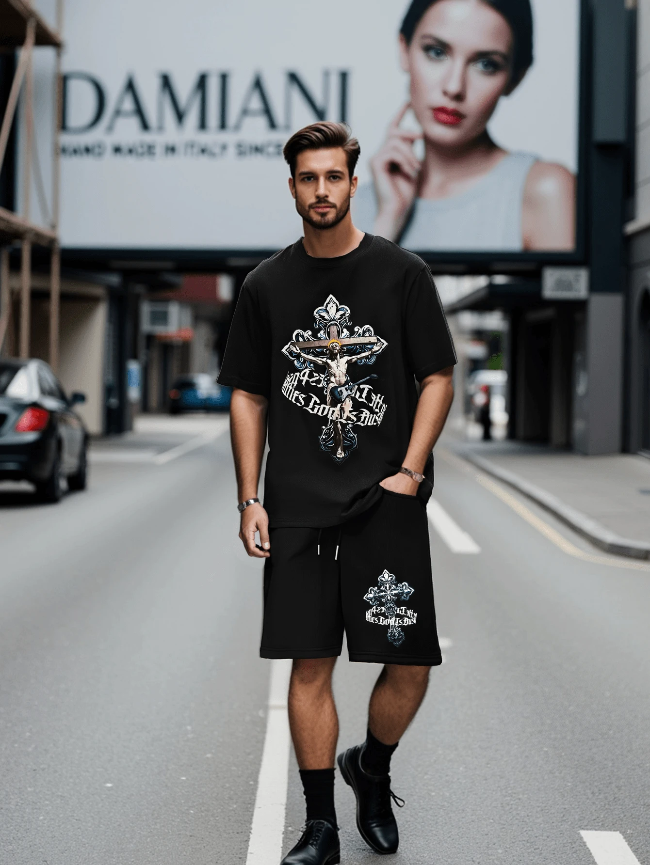 Amerikaanse oversized kruisprint casual dagelijkse slijtage korte mouwen ronde hals T-shirt en trekkoord taille shorts set voor mannen in de zomer